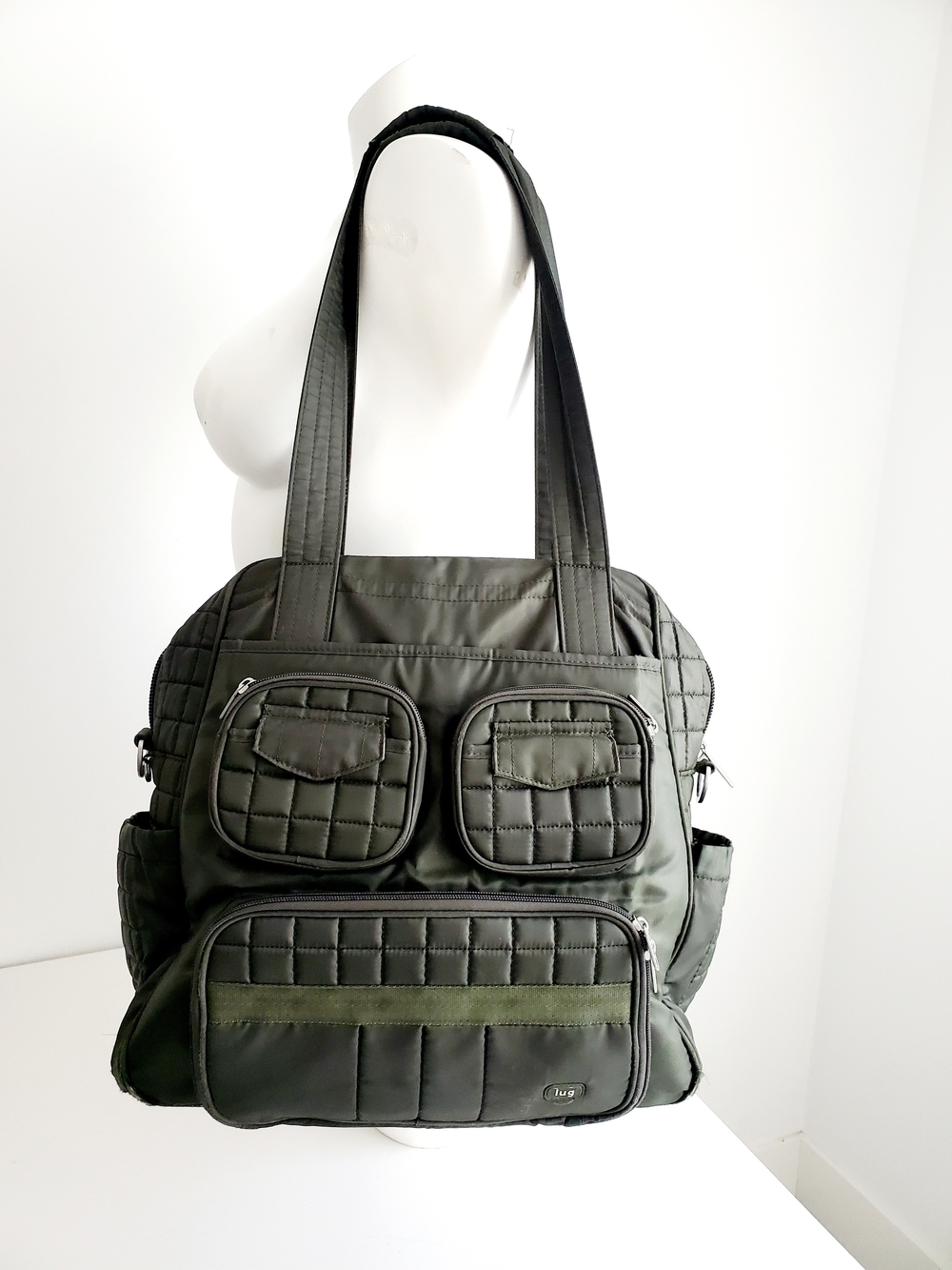 lug Olive Green Quilted Tote Bag with Front Pockets